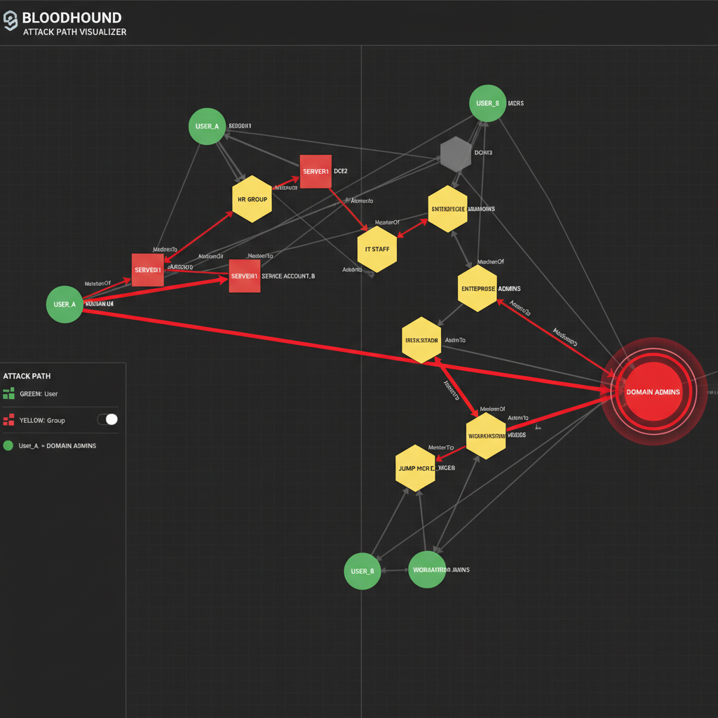 BloodHound attack path showing privilege escalation from standard user to domain admin through nested group memberships