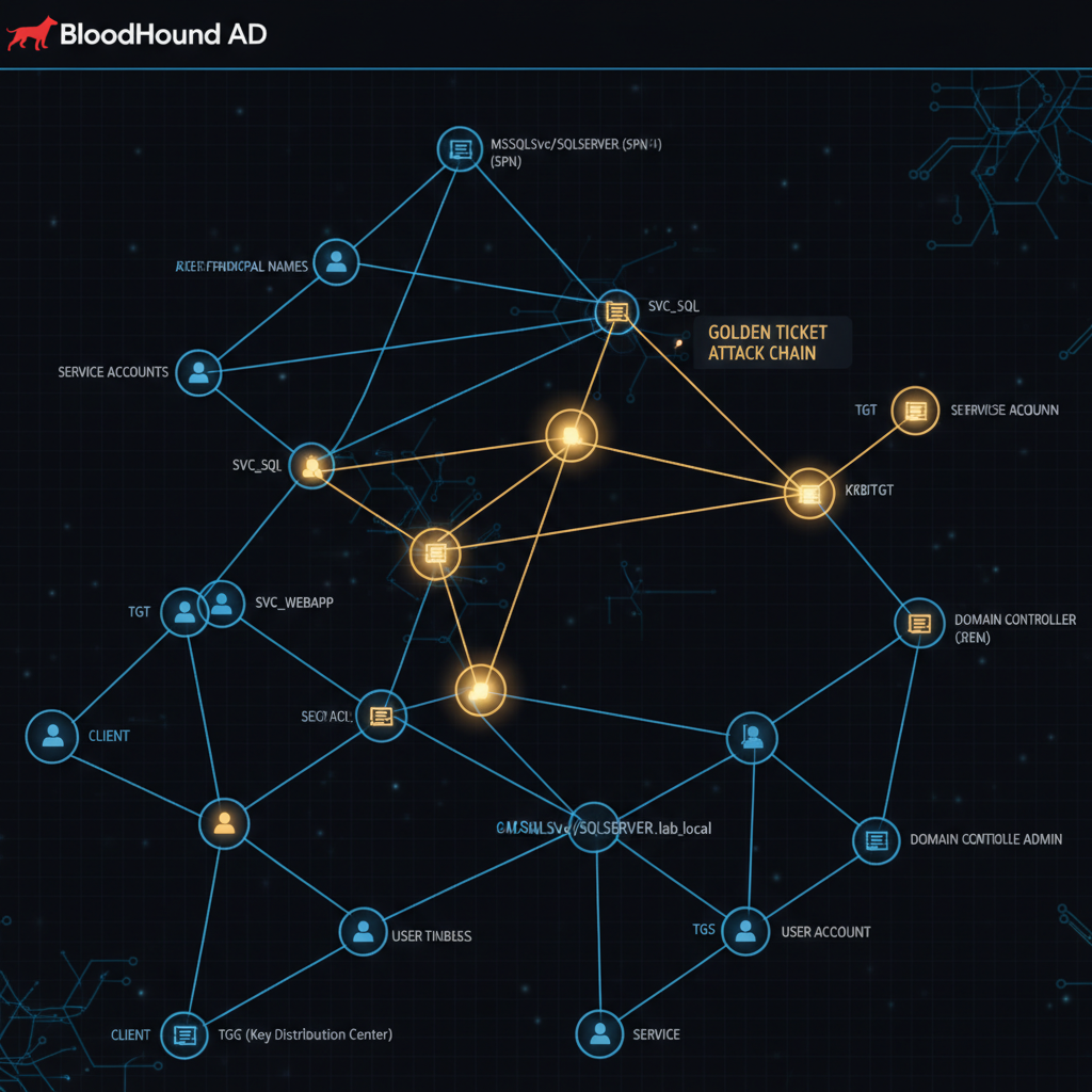 BloodHound Kerberoasting attack path showing SPN-based credential extraction